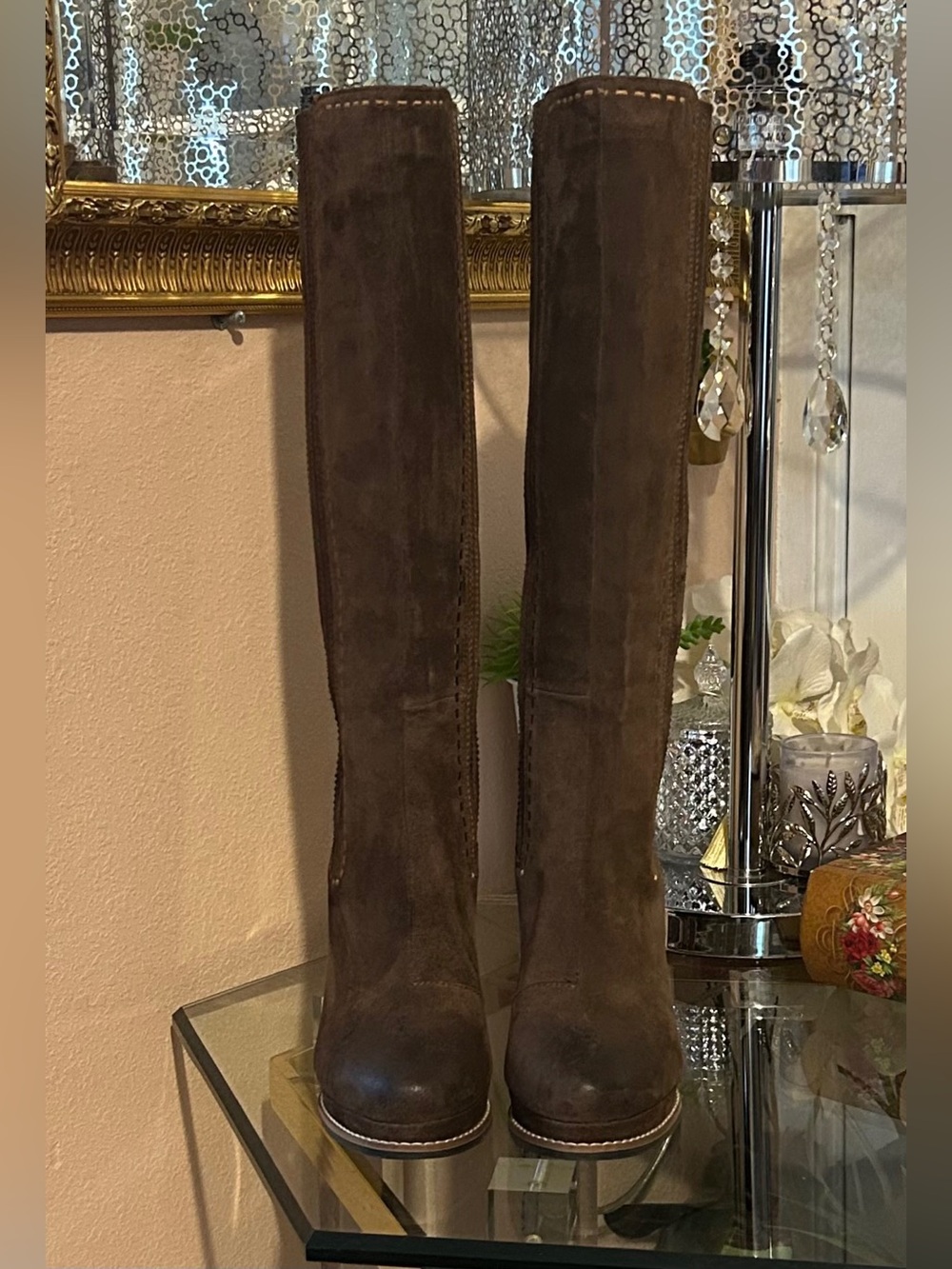 Ariat Brown Suede Leather Wedge Knee-High Boots with Braided Tassel Zipper Sz 7 - Picture 5 of 16